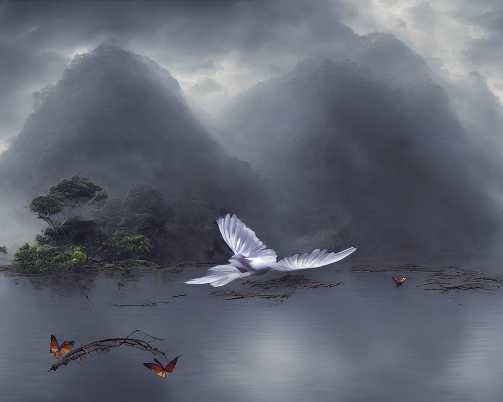 Tranquil Landscape: Misty Mountains, Reflective Lake, Trees, White Bird, Flowers