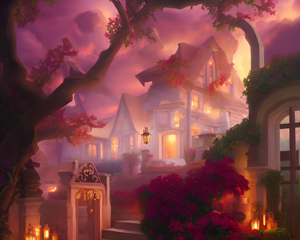 Enchanting cottage in purple tree forest at twilight