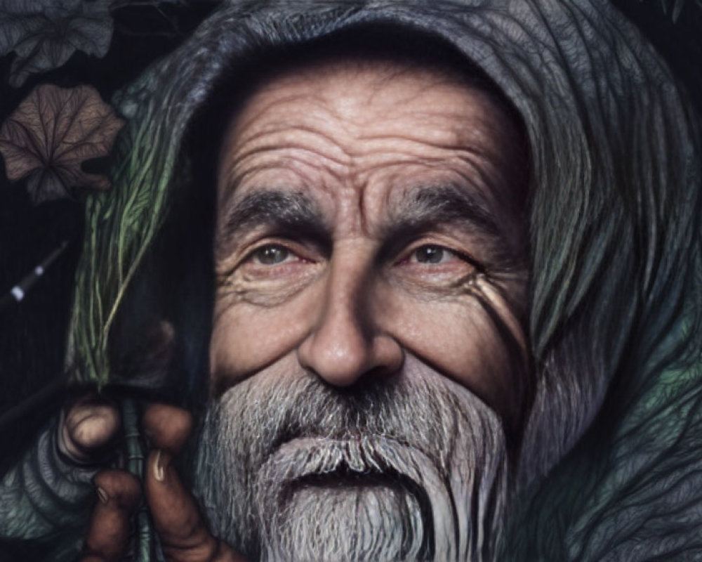 Elderly Man with Thick Beard and Pipe Surrounded by Leaves