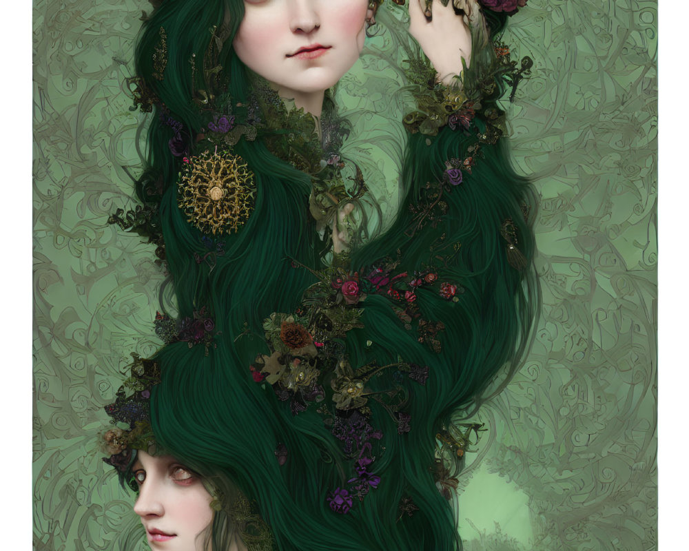 Digital artwork featuring two women with long green hair and floral adornments.