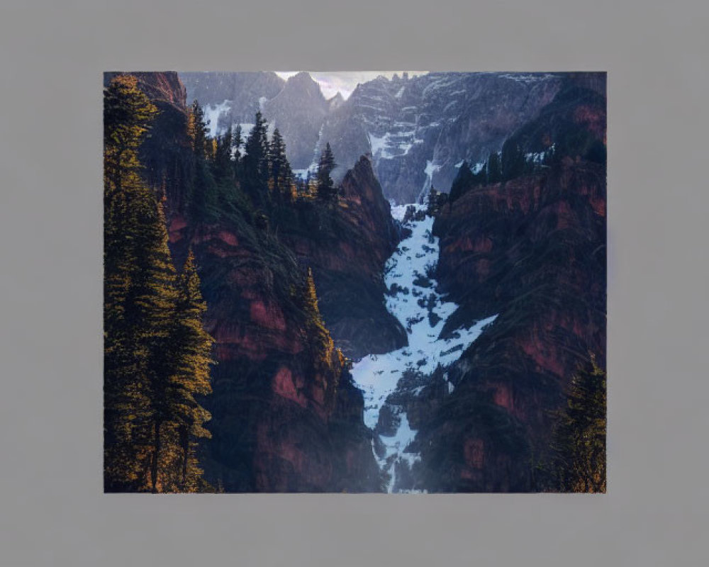 Snow-covered Mountainous Landscape with Waterfall and Evergreen Trees