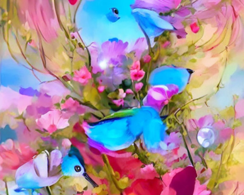 Colorful Digital Painting of Flowers, Birds, and Butterflies