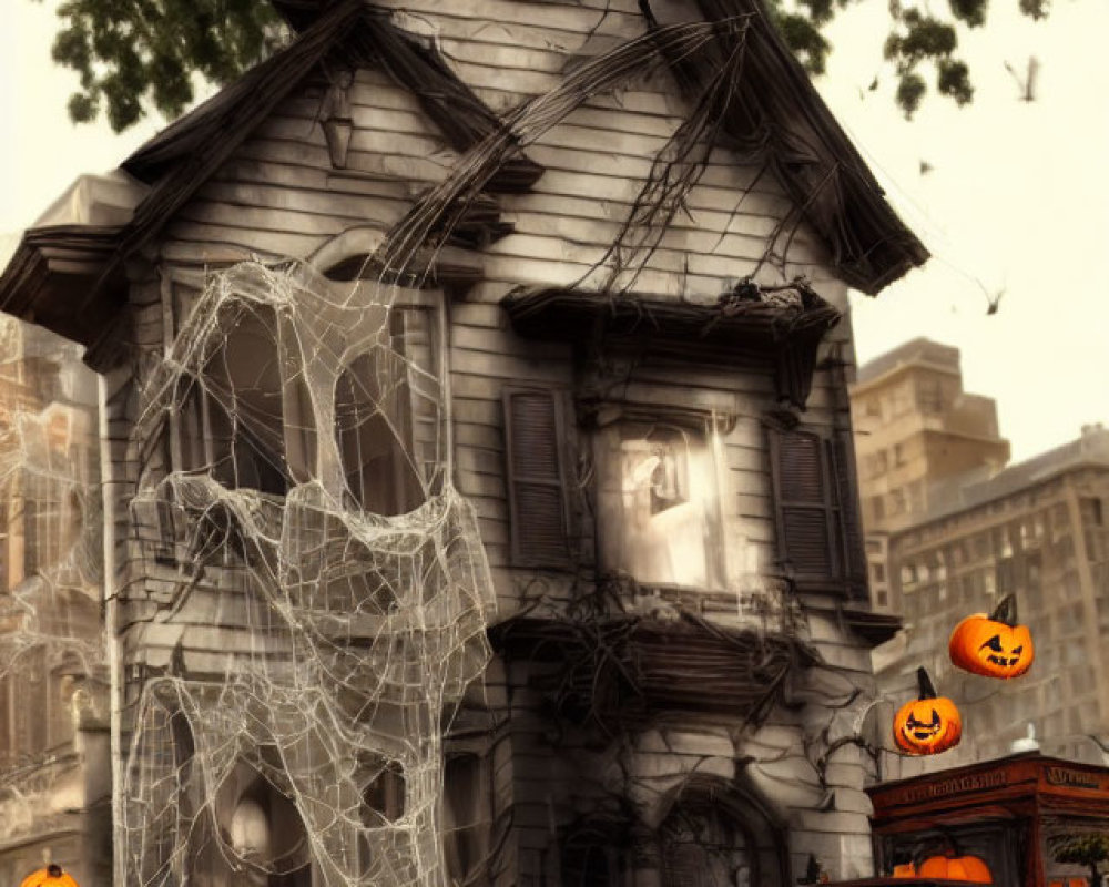 Spooky two-story house with Halloween decorations and bats under gloomy sky