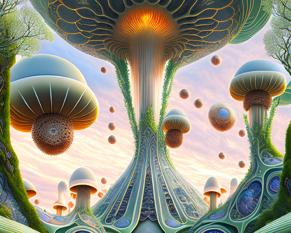 Surreal landscape with giant mushroom structures in lush green environment