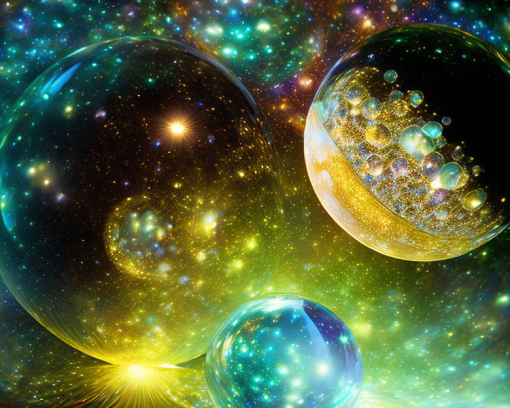 Colorful Cosmic Scene with Translucent Orbs and Luminous Spheres