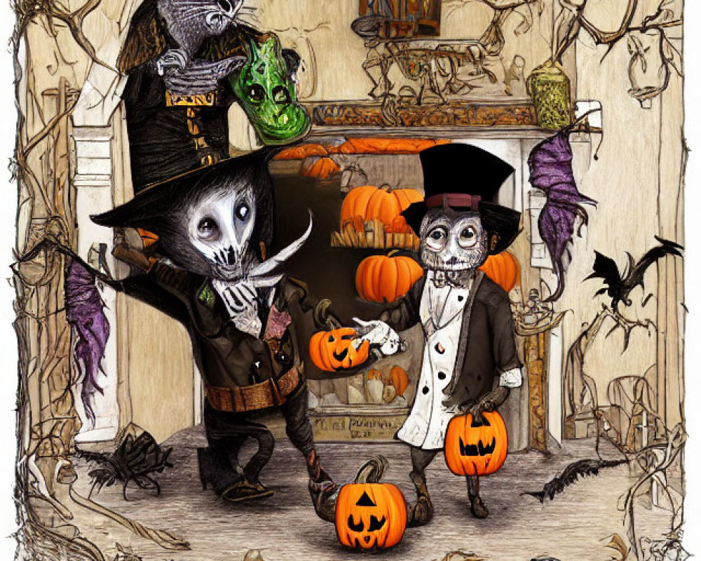 Whimsical skeletal characters in Halloween costumes on aged paper.