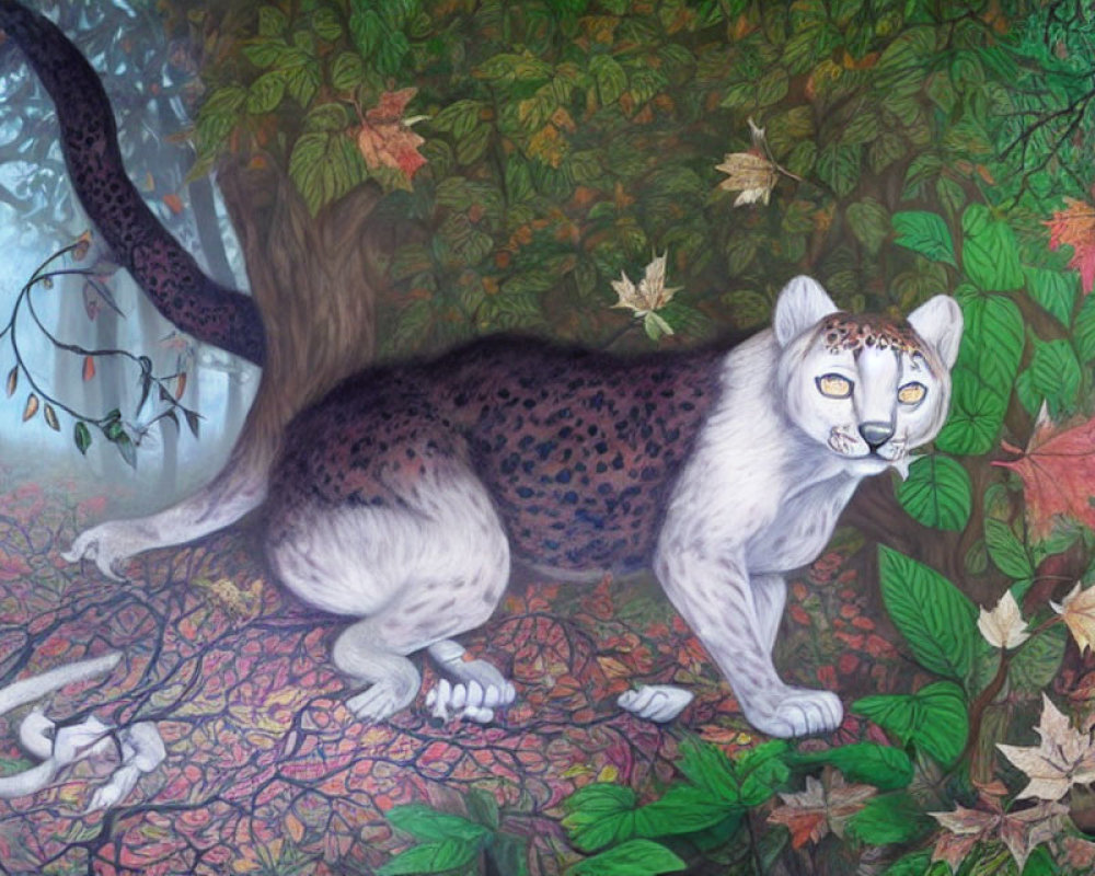 Fantasy creature with big cat body and human-like face in colorful forest