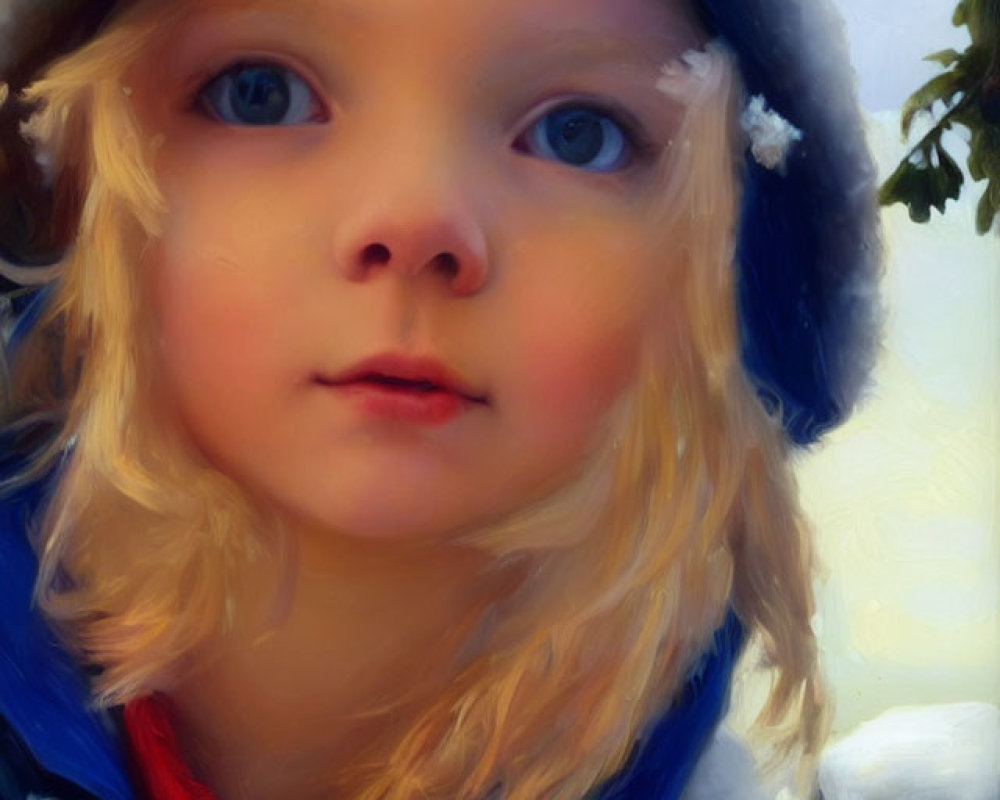 Young child in winter hat, blonde hair, blue eyes, gazing with snowflakes.