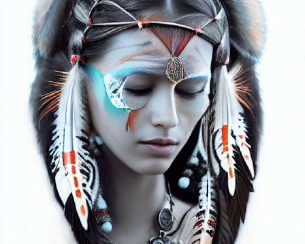 Person with closed eyes in native headdress with feathers and metallic eyepiece