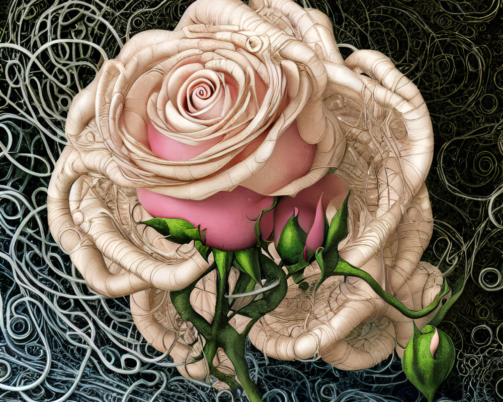 Surreal beige rose on swirling black and white background