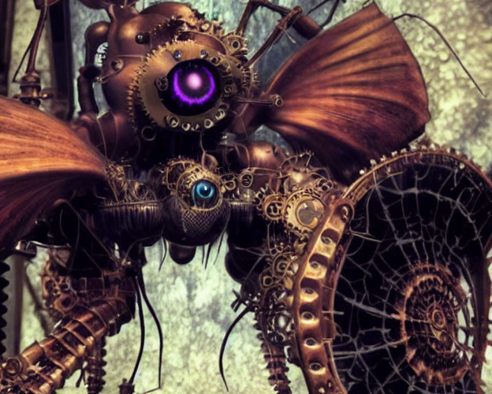 Mechanical steampunk creature with gears, metallic body, blue and purple eyes, butterfly wings on