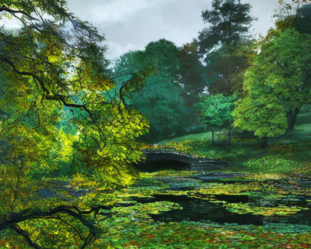 Tranquil pond with lily pads, green trees, and bridge