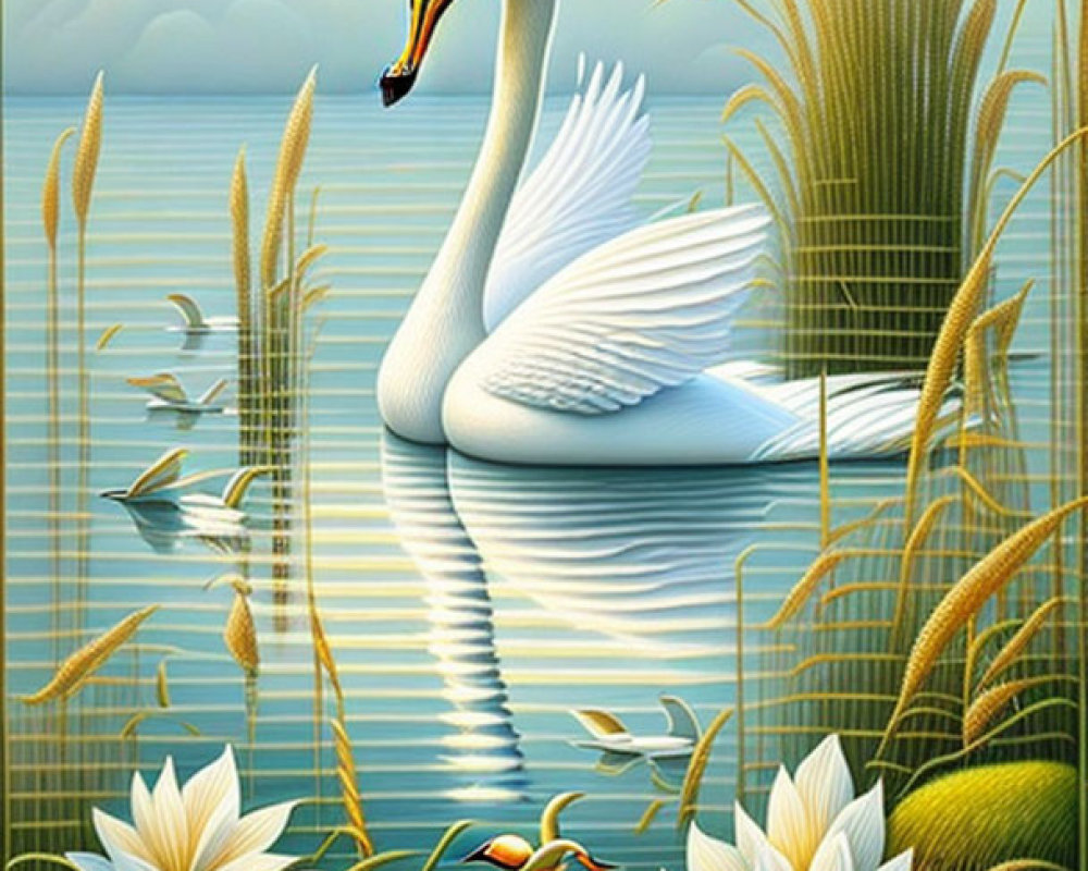 Graceful swan amidst white flowers, reeds, and flying birds on blue backdrop