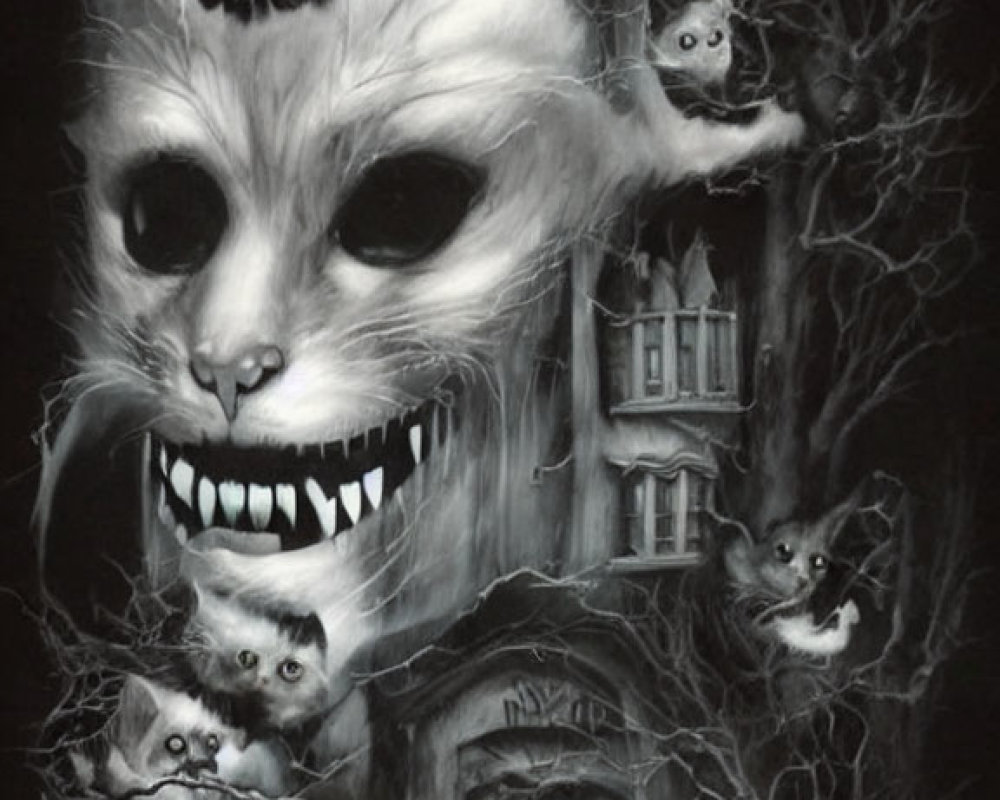 Monochromatic surreal artwork featuring feline face and haunted house