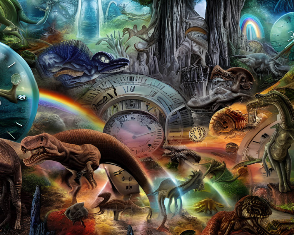 Surreal collage with dinosaurs, clocks, and ethereal elements