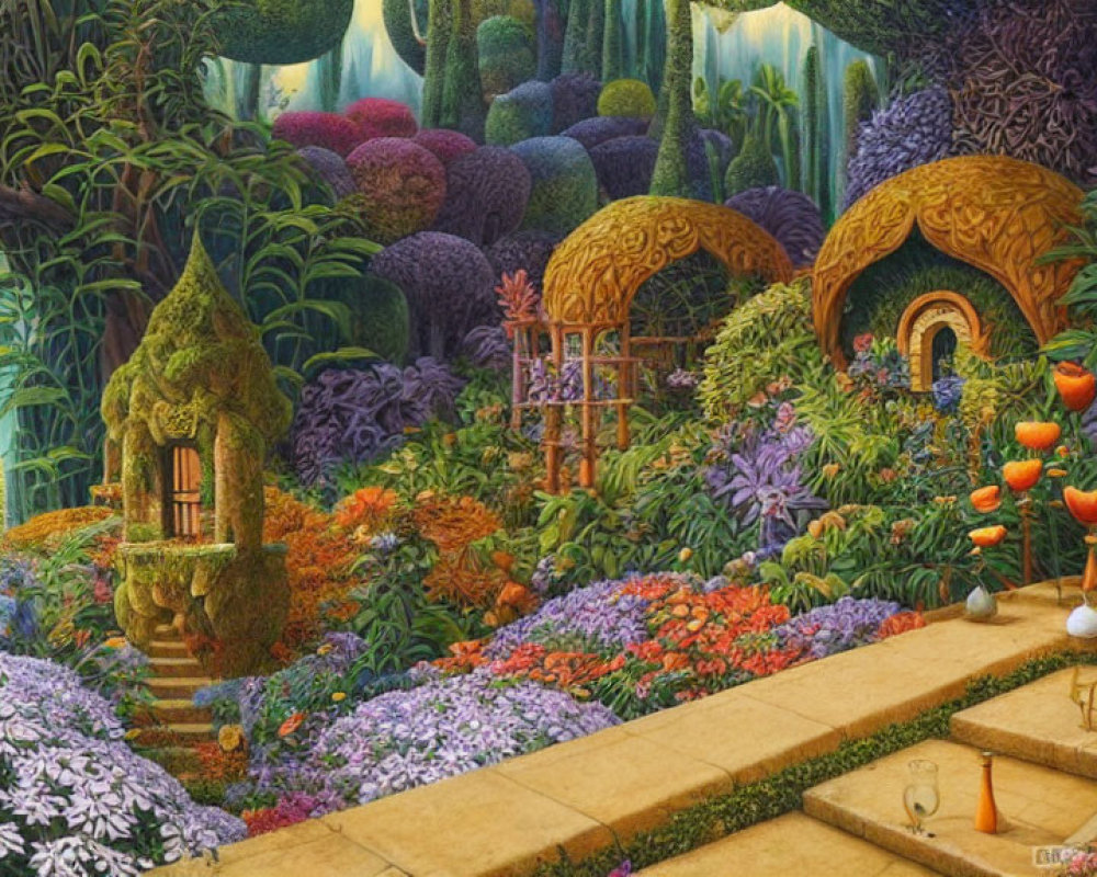 Colorful Fantastical Garden with Whimsical Structures and Unique Flora