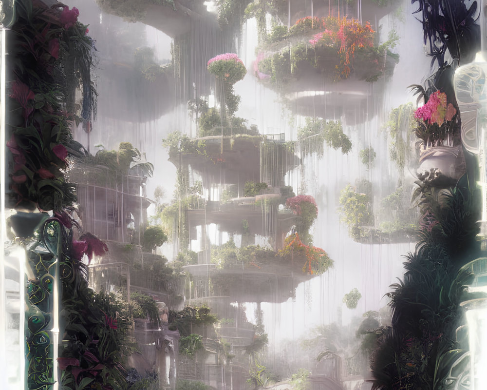 Ethereal cityscape with tiered gardens and pink flora in misty architecture