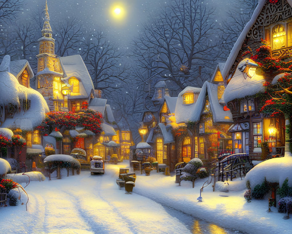 Snow-covered village at twilight with festive decorations and gentle snowfall