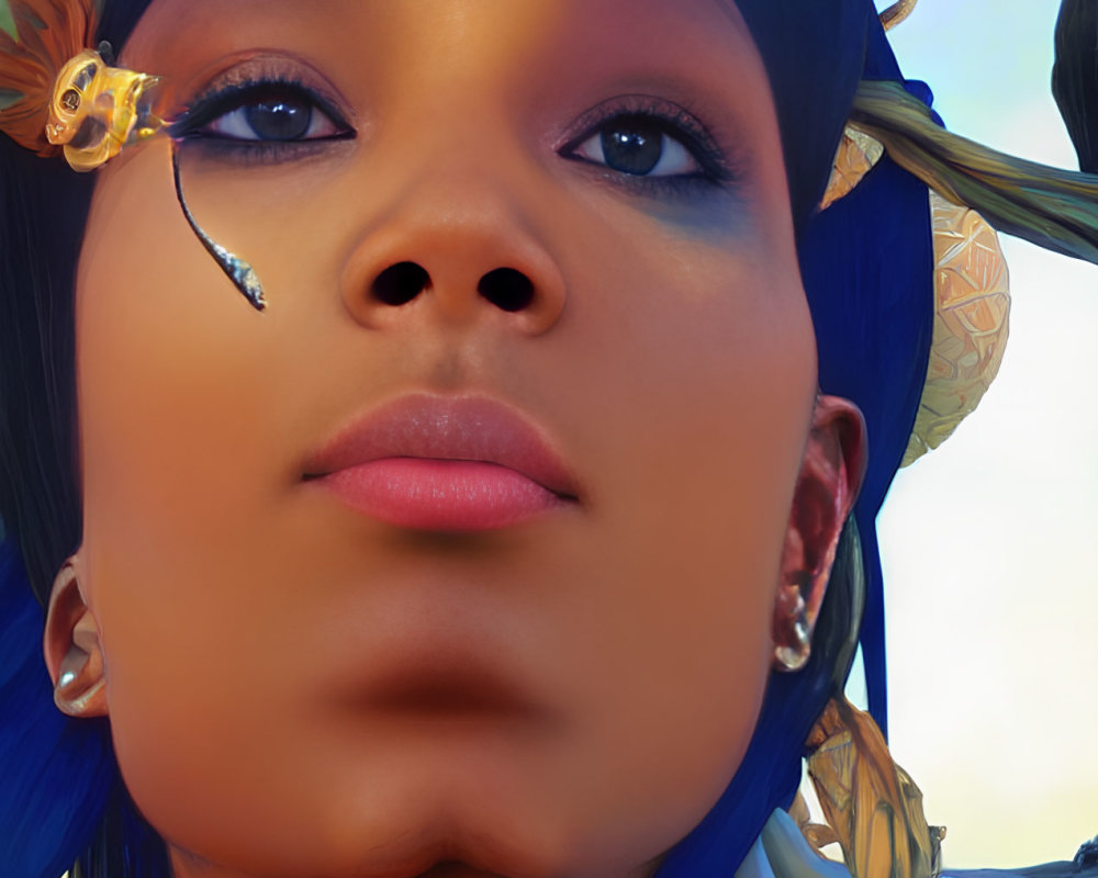 Woman with Blue Hair and Bee on Nose in Headscarf and Earrings against Sky