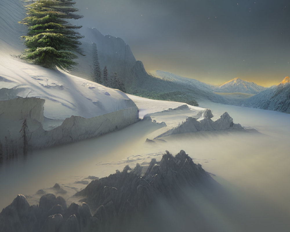 Snowy landscape at dusk: Evergreen trees, frozen river, rugged cliffs, starry sky