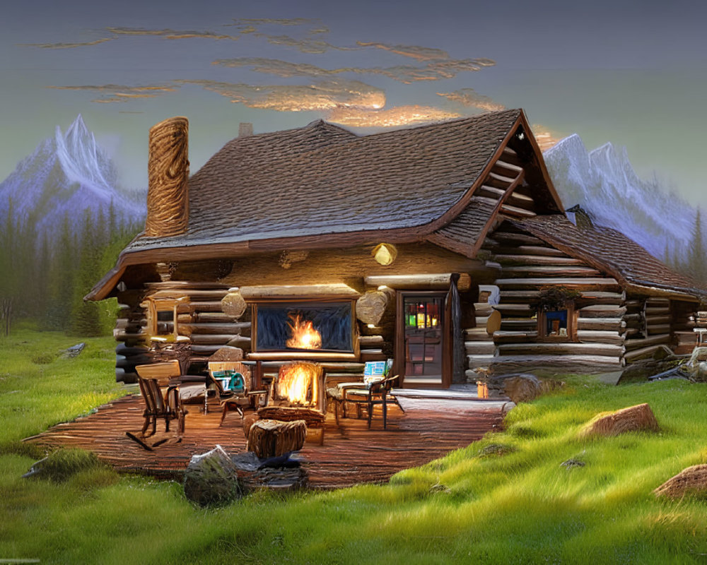 Rustic log cabin with fireplace, outdoor seating, mountains, twilight sky