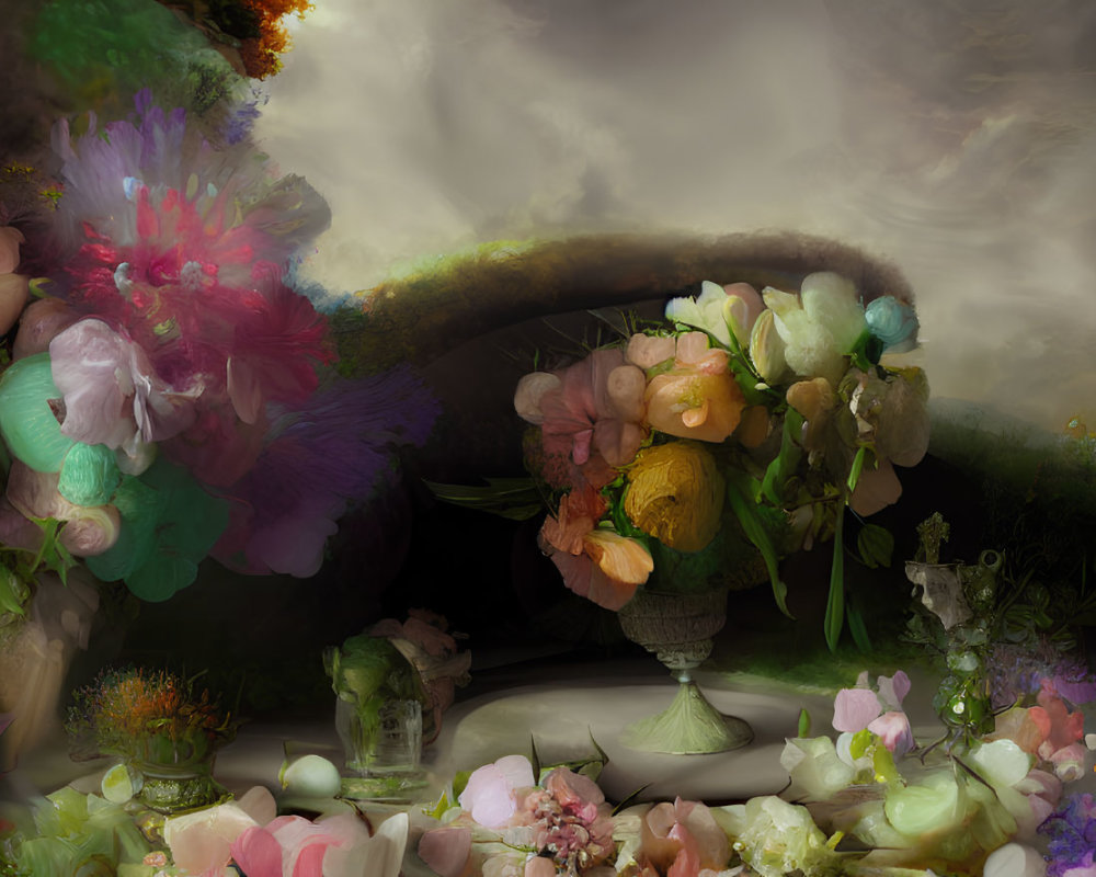 Vibrant flowers in vessels under moody sky - Surreal still-life.