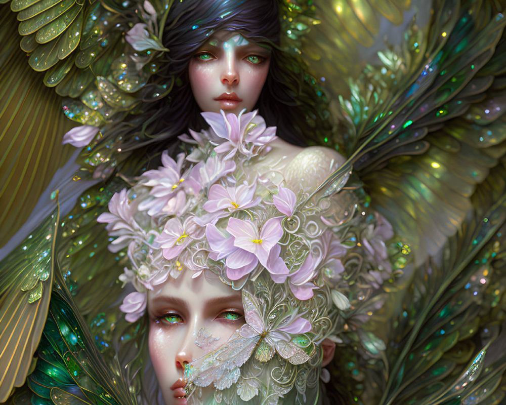 Ethereal portrait of two figures with luminescent wings in a floral fantasy setting