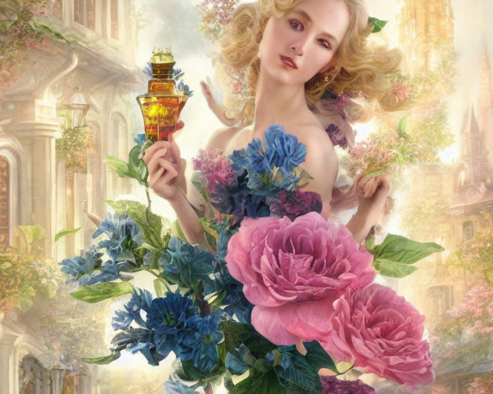 Surreal portrait of fair-skinned woman with blonde hair, vibrant flowers, golden vial,