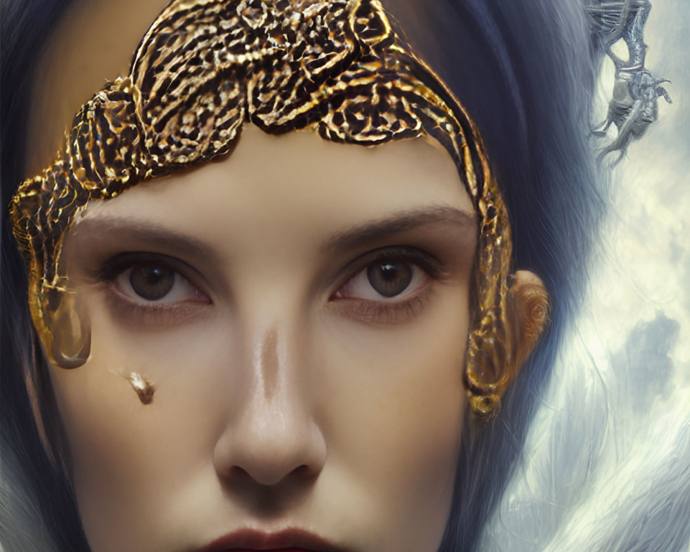 Woman with Golden Headpiece and Blue Hood, Tear on Cheek, Seahorse Illustration