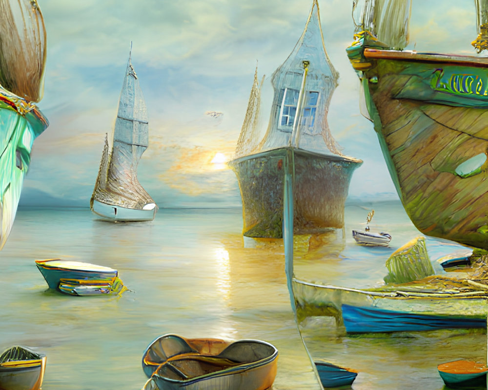 Seascape with sailboats, floating house, rowboats, and sunset sky