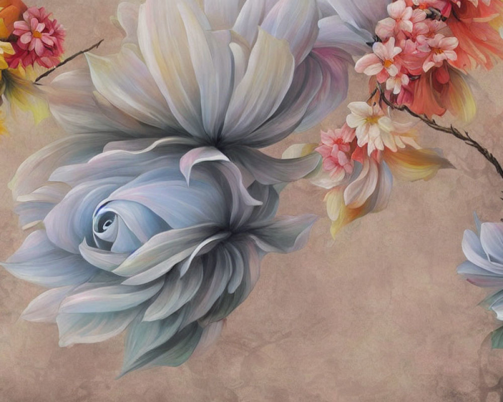 Soft-toned large flowers with delicate petals and vibrant pink blossoms on a muted background.