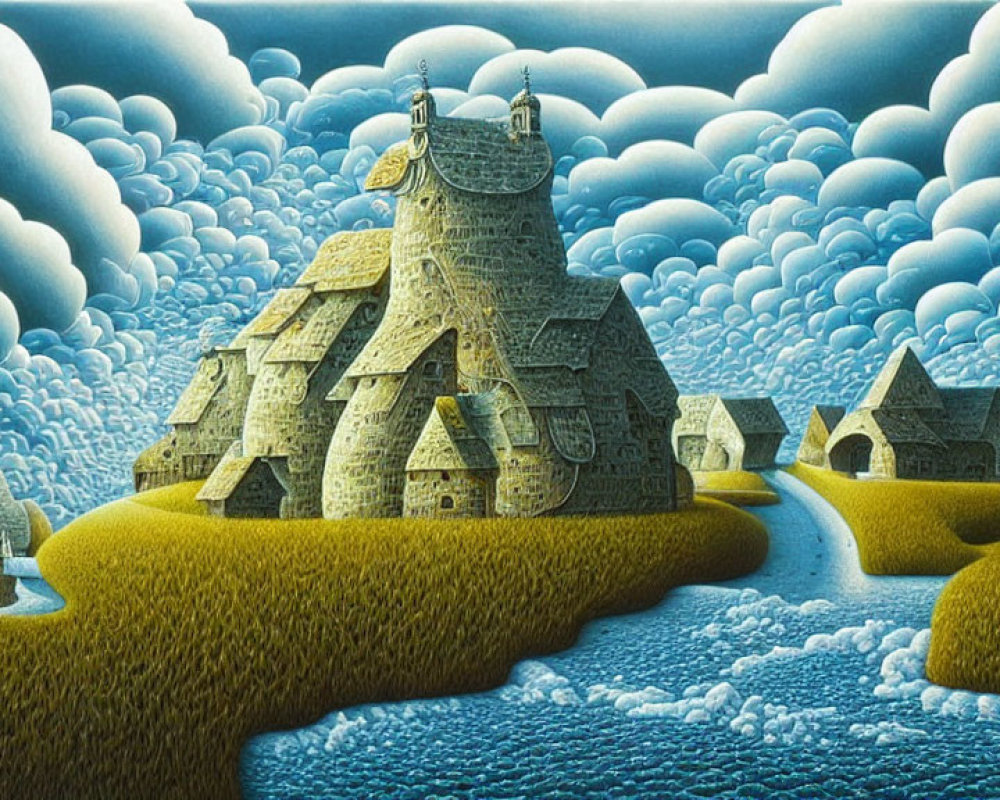 Fantasy castle with central tower amidst rolling hills and fluffy clouds