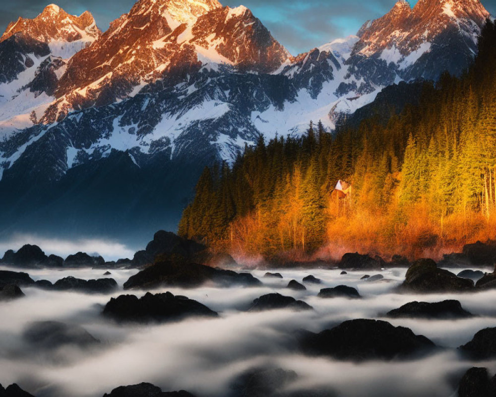 Tranquil landscape with cabin, vibrant trees, and snow-capped mountains