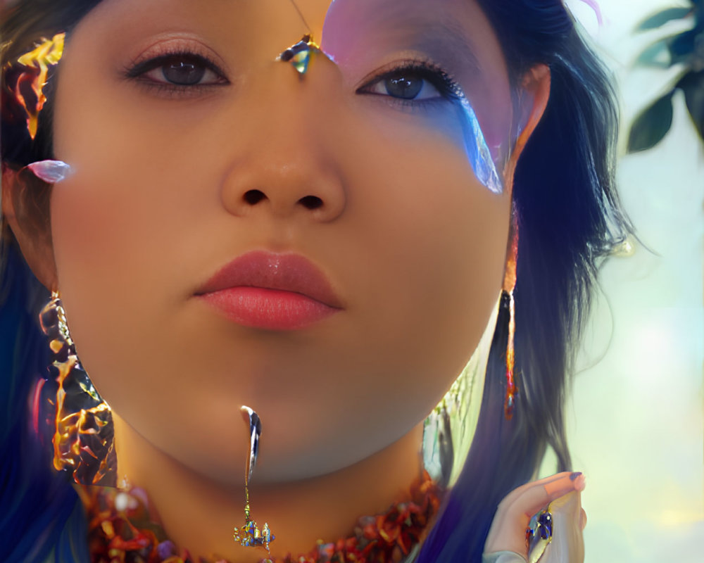 Close-up of woman with striking blue makeup and ornate jewelry among soft purple flowers