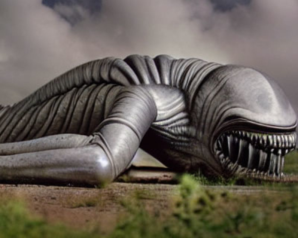 Metallic worm-like creature with sharp teeth on the ground under cloudy sky.