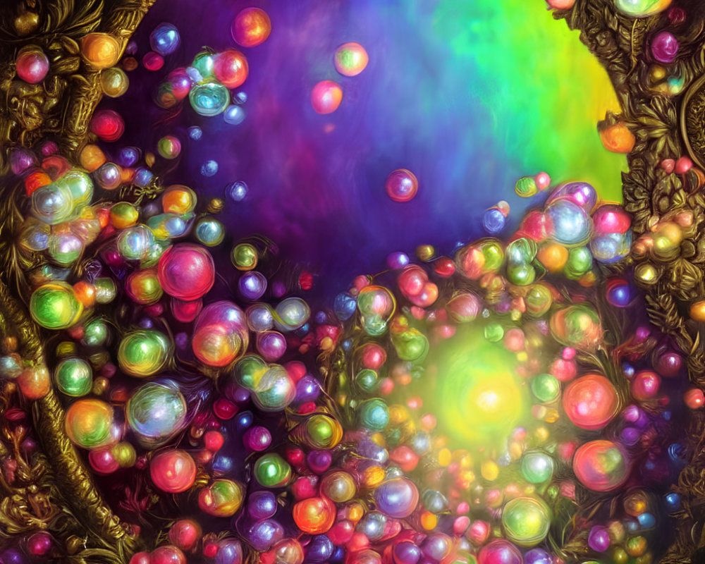 Colorful iridescent bubbles on cosmic backdrop with golden edges