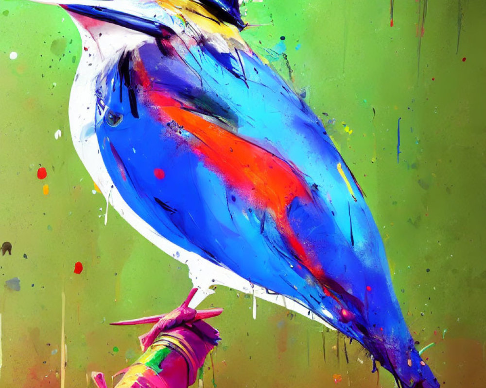 Abstract painting of blue and red bird with colorful splattered background