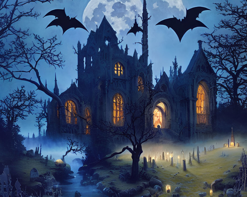 Dark Gothic Castle Night Scene with Bats, Full Moon, Graveyard, and Leafless Tree