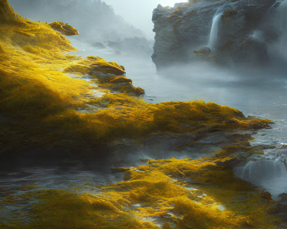 Tranquil misty landscape with moss-covered cliffs and waterfalls