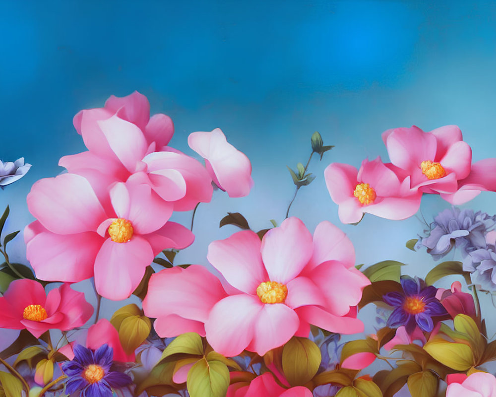 Colorful Floral Illustration with Pink and Yellow Flowers on Blue Background