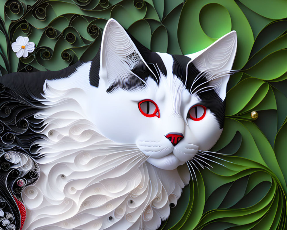 Stylized black and white cat with red eyes in intricate paper art against green floral background