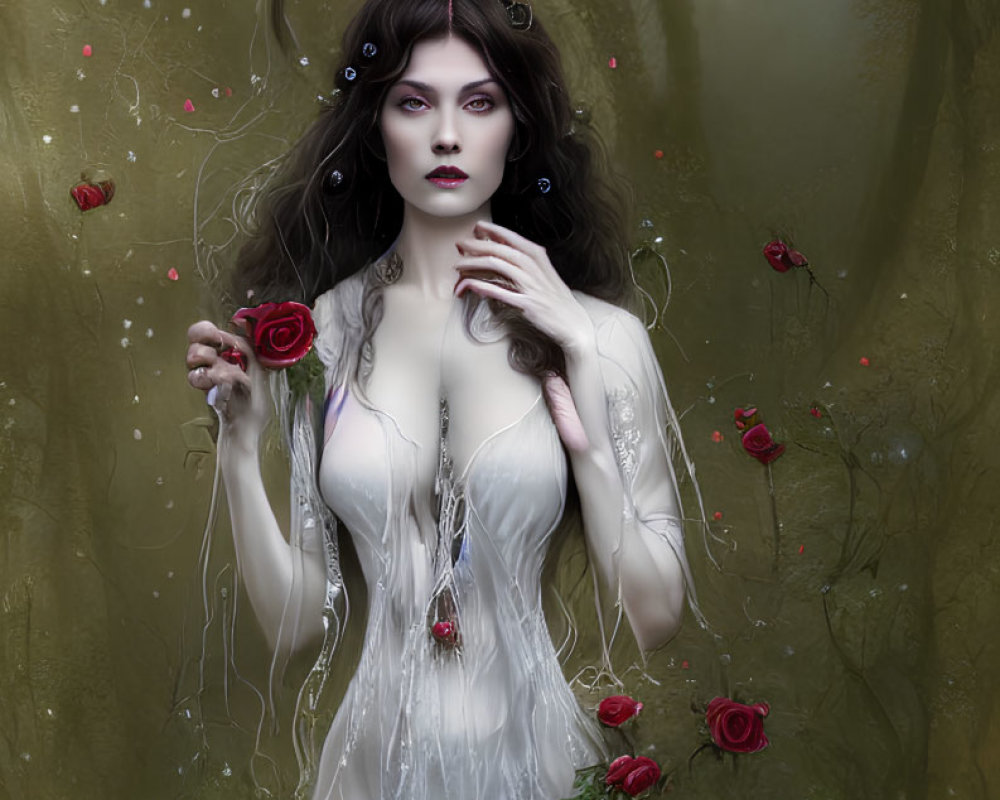 Mysterious woman in enchanted forest with red roses and heart pendant