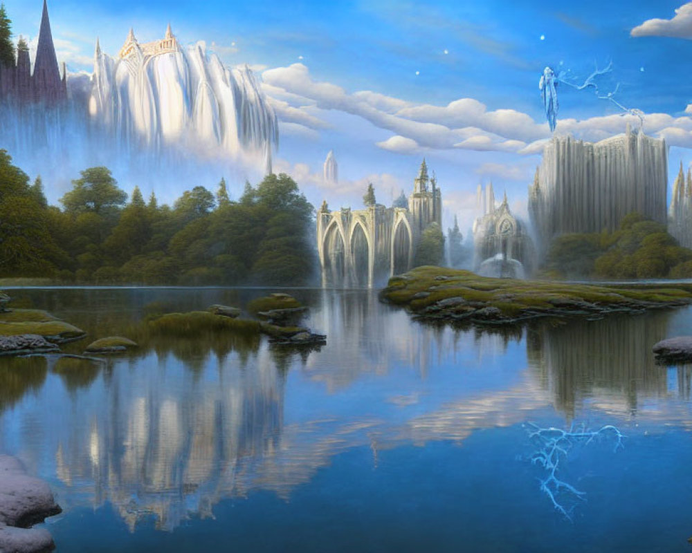 Majestic castles and cascading waterfalls in a tranquil landscape