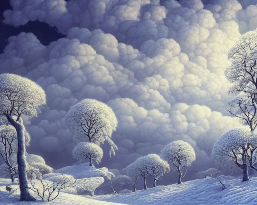 Snow-covered trees in serene winter landscape with fluffy clouds