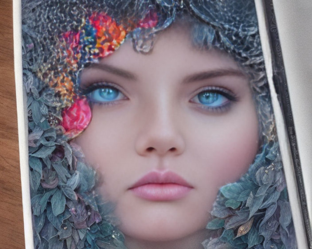 Realistic digital artwork of woman's face with vibrant blue eyes and textured hood on wooden surface.