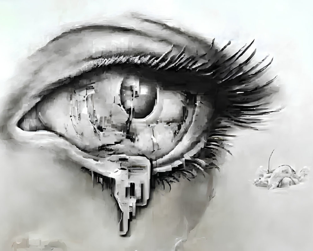 Detailed grayscale human eye with keyhole iris and floating key - surreal art.