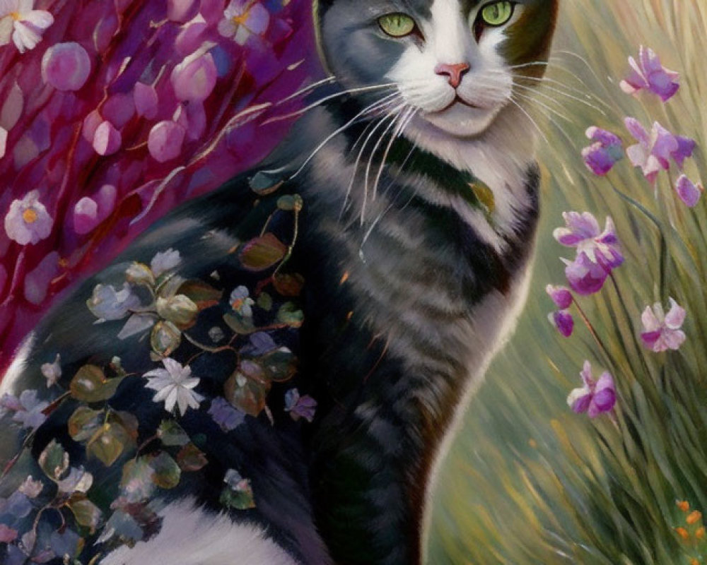 Black and White Cat with Green Eyes in Front of Colorful Floral Backdrop