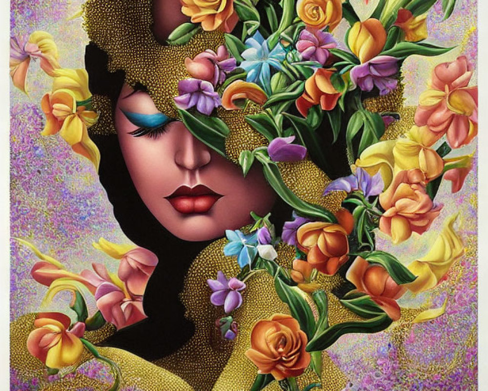 Stylized woman's face with vibrant flowers and leaves on speckled background