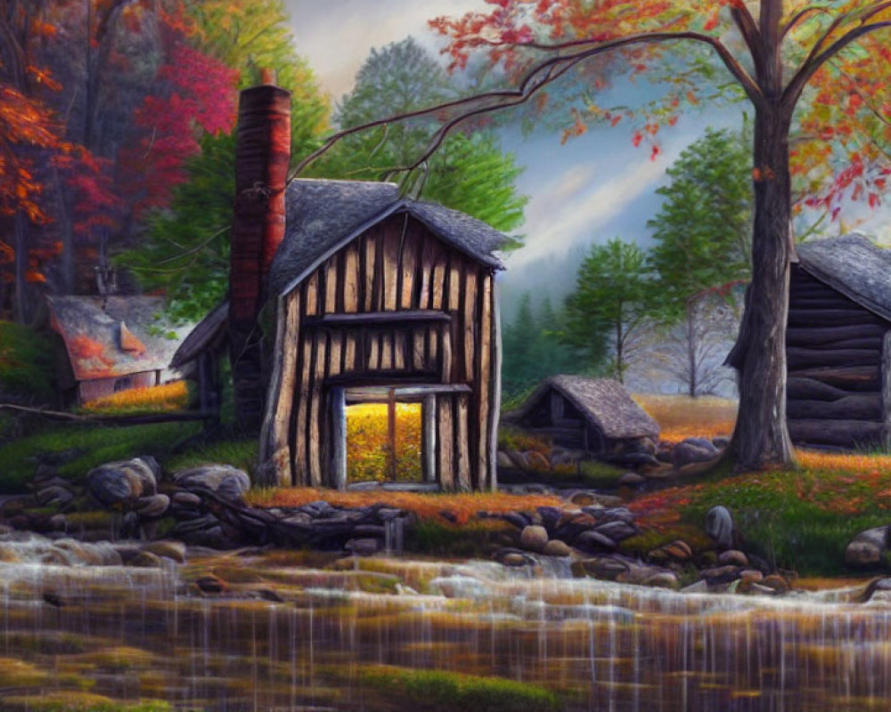 Cozy rustic cabin by stream in autumn setting