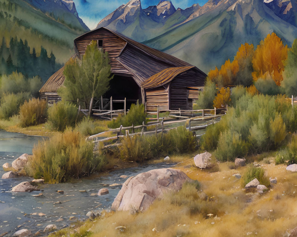 Rustic wooden barn by river with mountain view & autumn trees